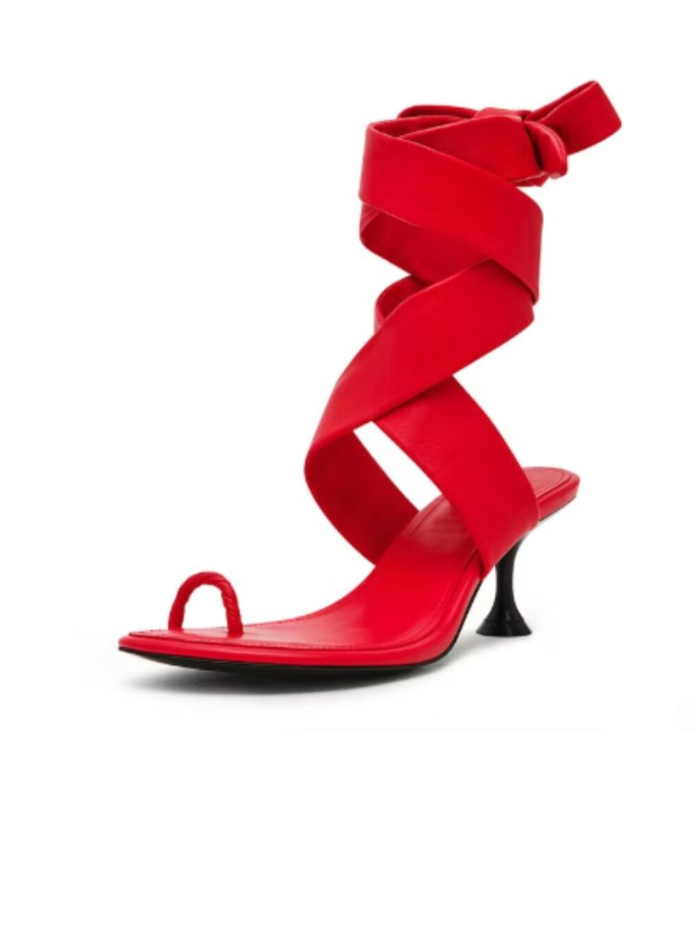 FSJ Red Open Round Toe Women's Heel Sandals with Wrap Ankle Strap